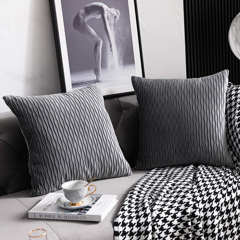 DEZENE Grey Striped Decorative Pillow Cases: 2 Pack 20x20 Inch Original Velvet Square Throw Pillow Covers for Farmhouse Couch - Image 2
